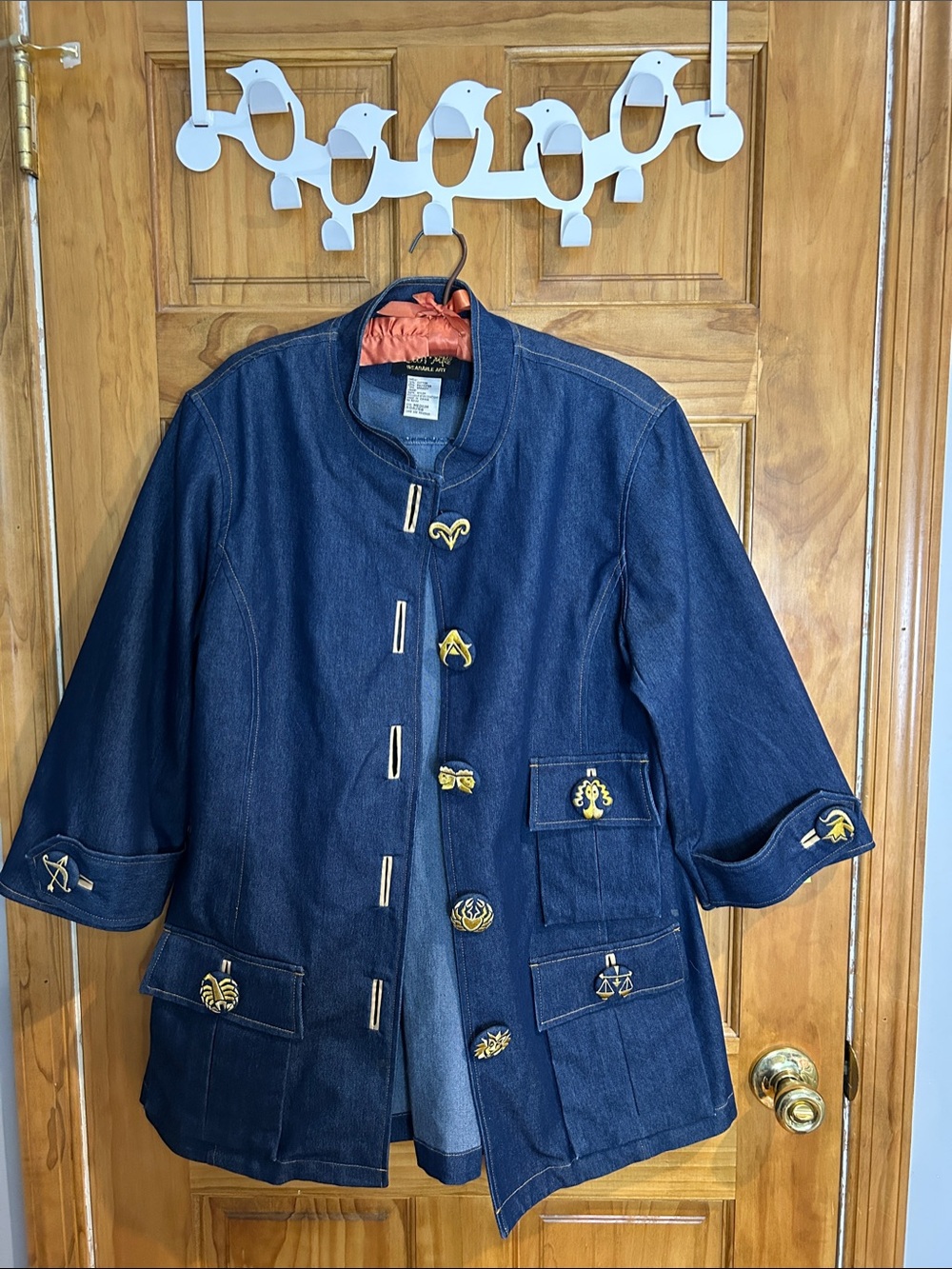 Embroidered Dark Denim Jacket with Zodiac embroidered buttons for Women